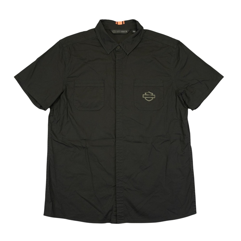 Harley Davidson Button Down Shirt Men L Mechanic Black Short Sleeve Logo Stretch